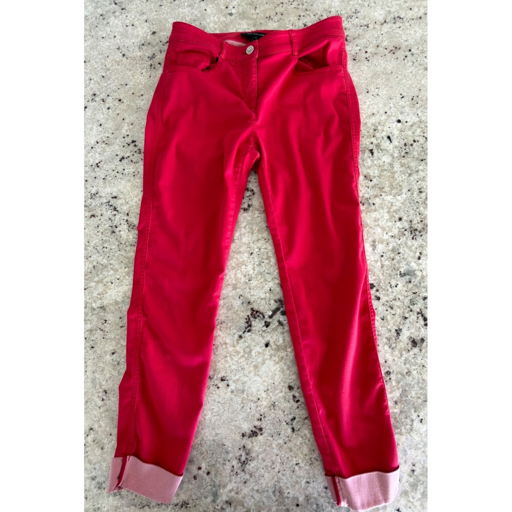 St. John Red Satin Skinny Cropped Pants Size 2 Cuffed Hem Stretch
